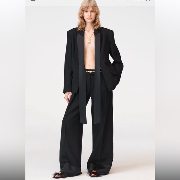 ZARA 2 PIECES SET SATIN EFFECT NECKTIE WOOL BLAZER AND SATEEN HEM WOOL PANTS